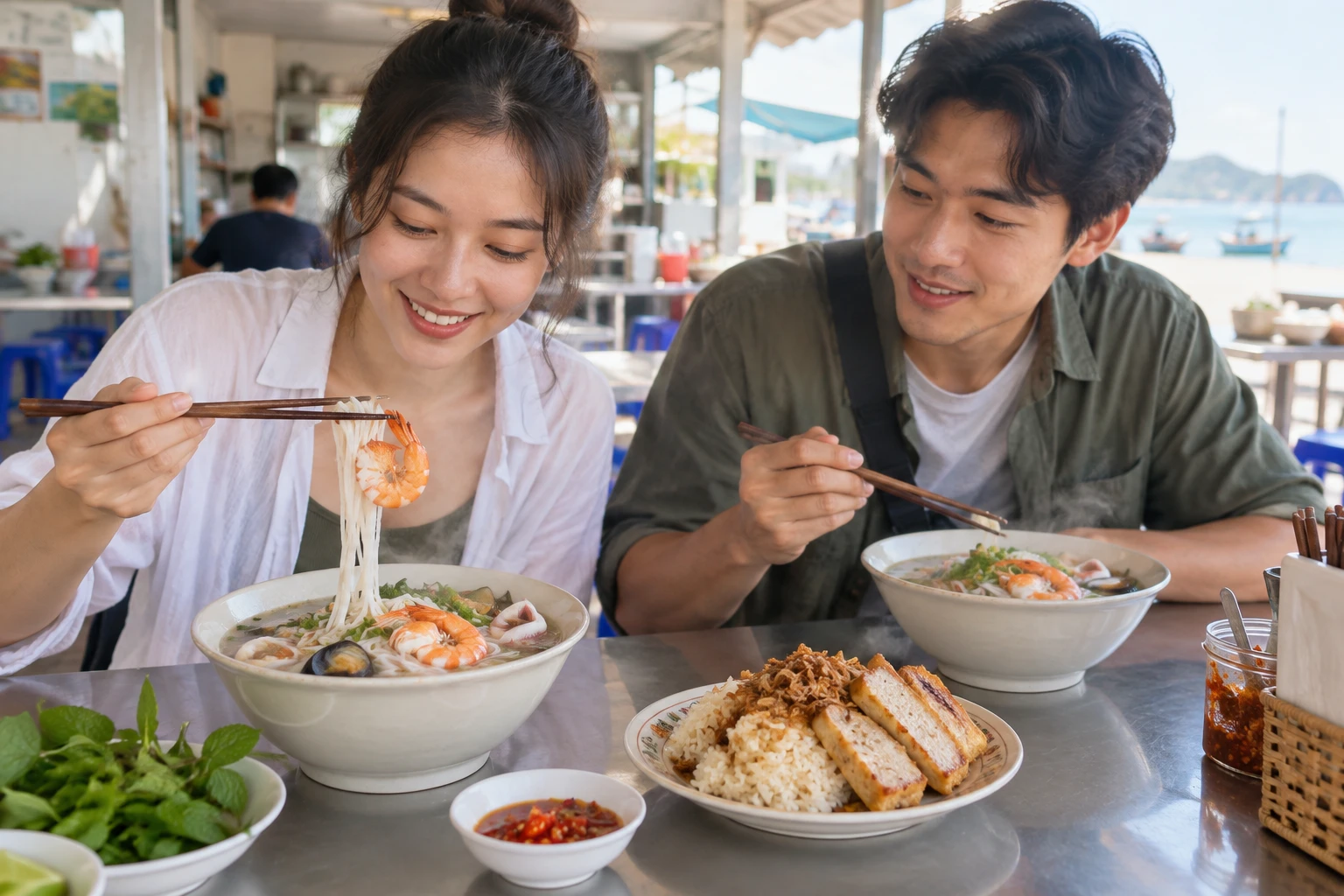 Bữa sáng gồm bún hải sản và xôi chả mực tại một quán nhỏ