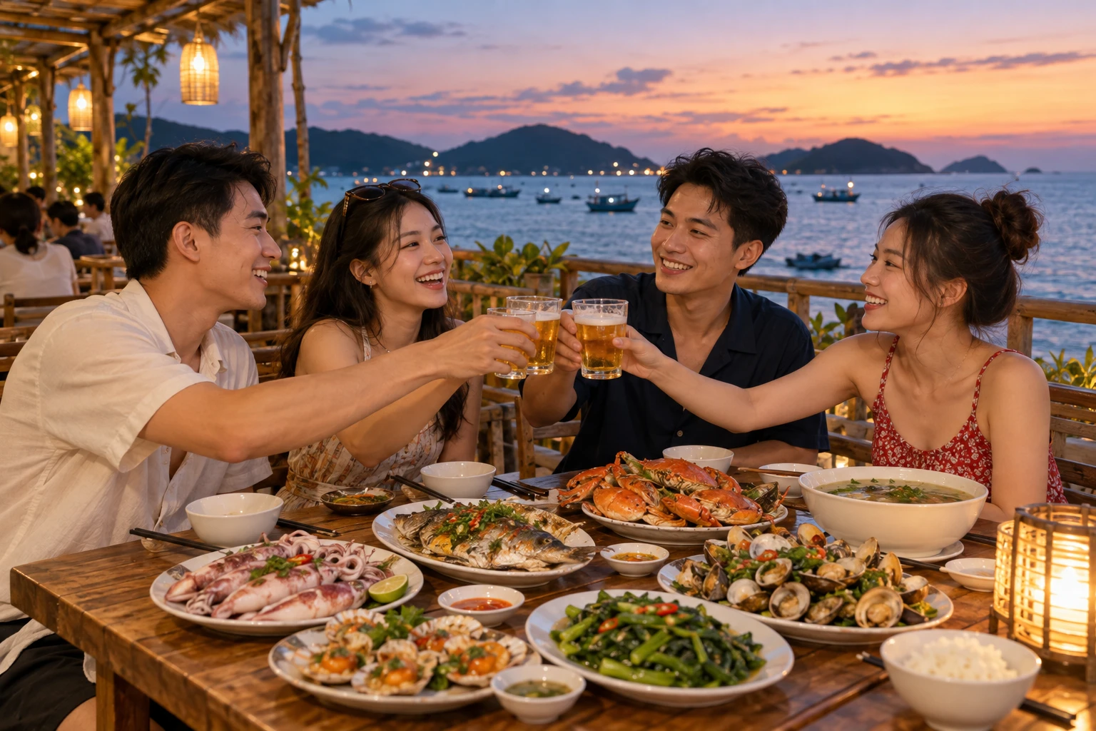 Nhóm bạn trẻ dùng bữa hải sản tại một quán ăn ven biển trên đảo
