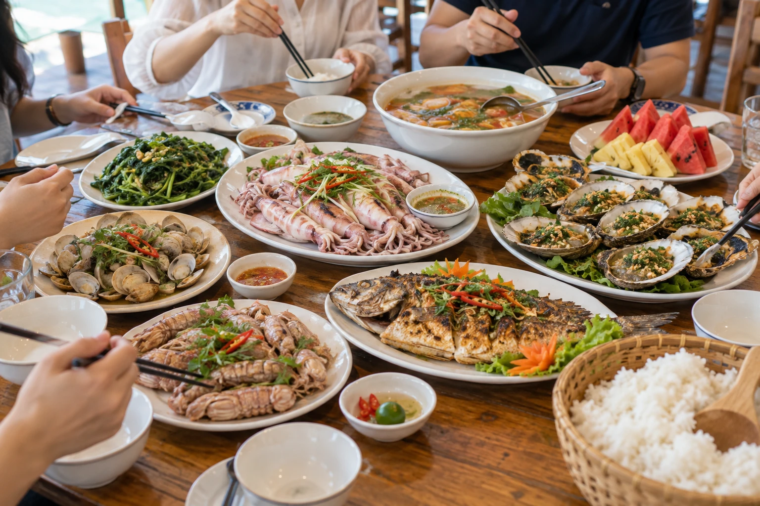 Mâm cơm hải sản cho sáu người gồm cá, mực, sò, rau, canh và cơm