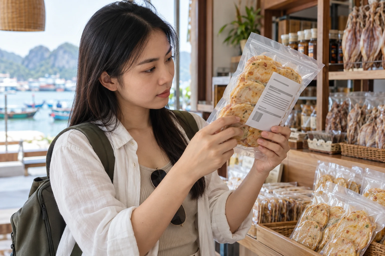 Khách đọc nhãn trên gói chả mực đóng kín