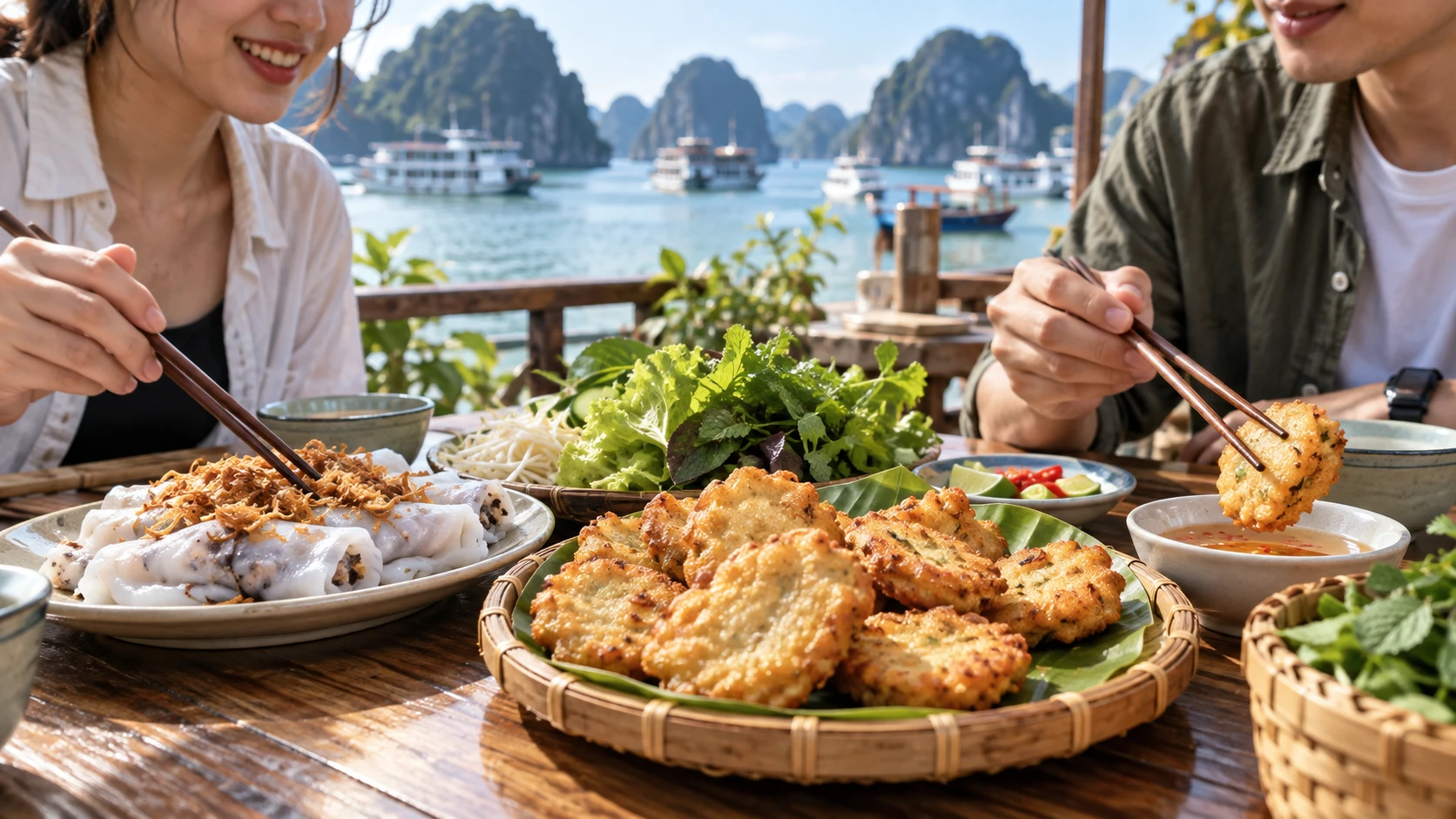 Hai bạn trẻ dùng chả mực cùng bánh cuốn bên vịnh