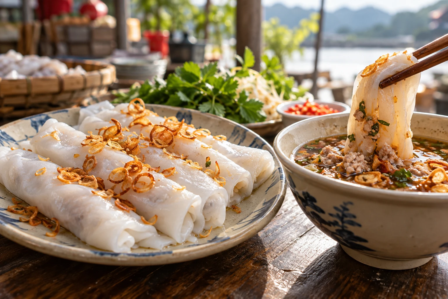 Bánh gật gù cuộn dài được gắp bên bát nước chấm thịt băm