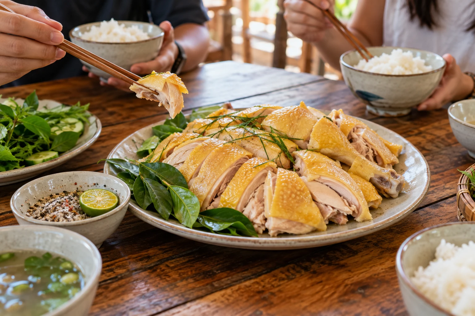 Đĩa gà luộc chặt miếng dùng cùng rau và muối tiêu chanh