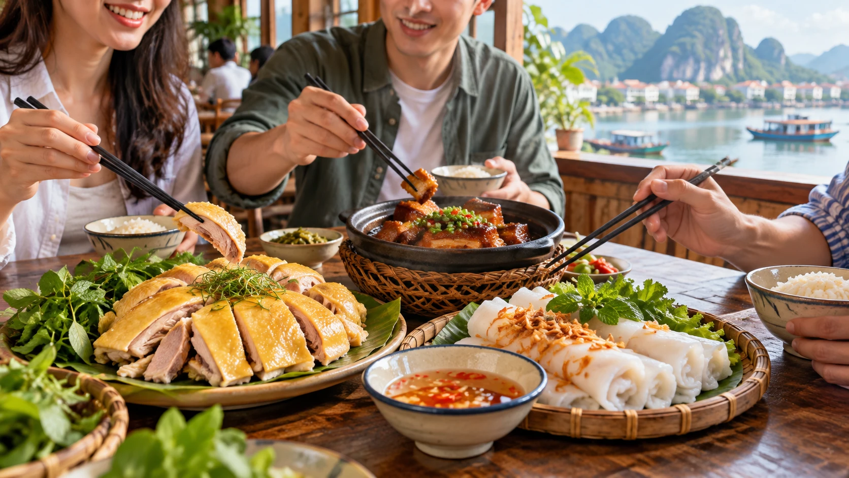 Nhóm bạn trẻ dùng bữa với gà, bánh cuốn và thịt kho tại một quán địa phương