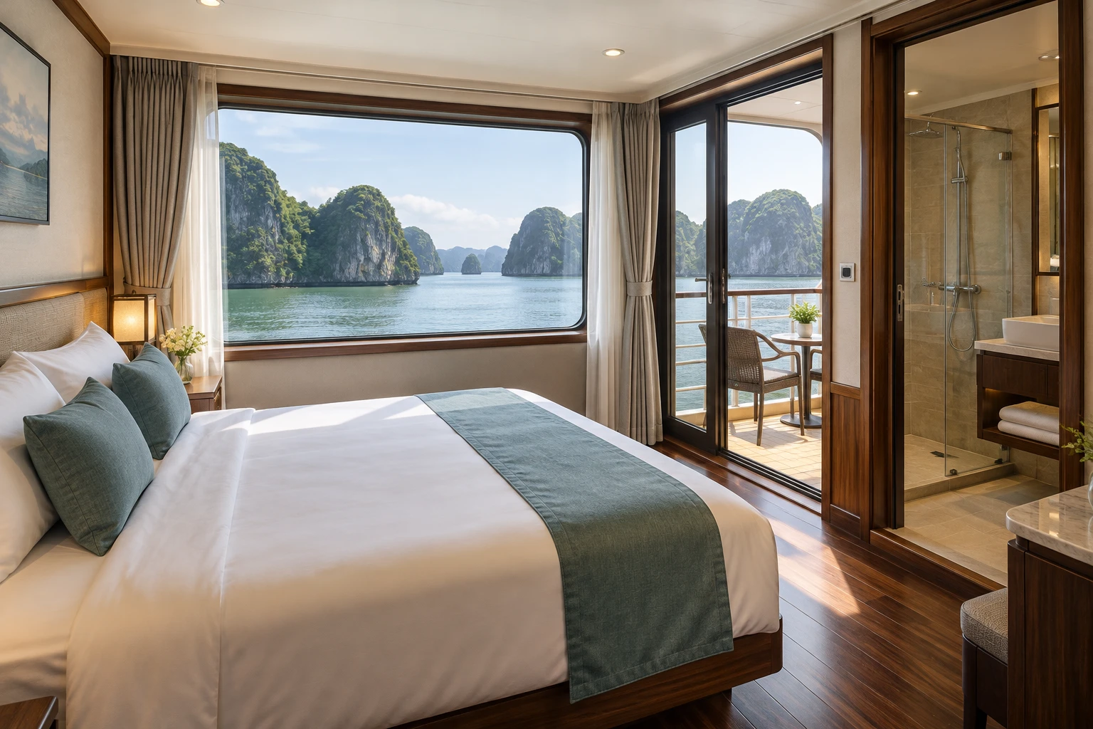 Cabin du thuyền có giường đôi, cửa sổ lớn và ban công nhỏ