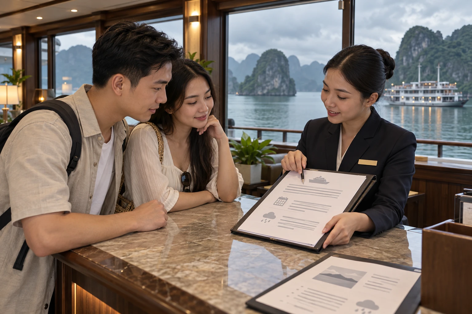 Cặp đôi đọc phiếu đặt cabin cùng nhân viên tại quầy du thuyền
