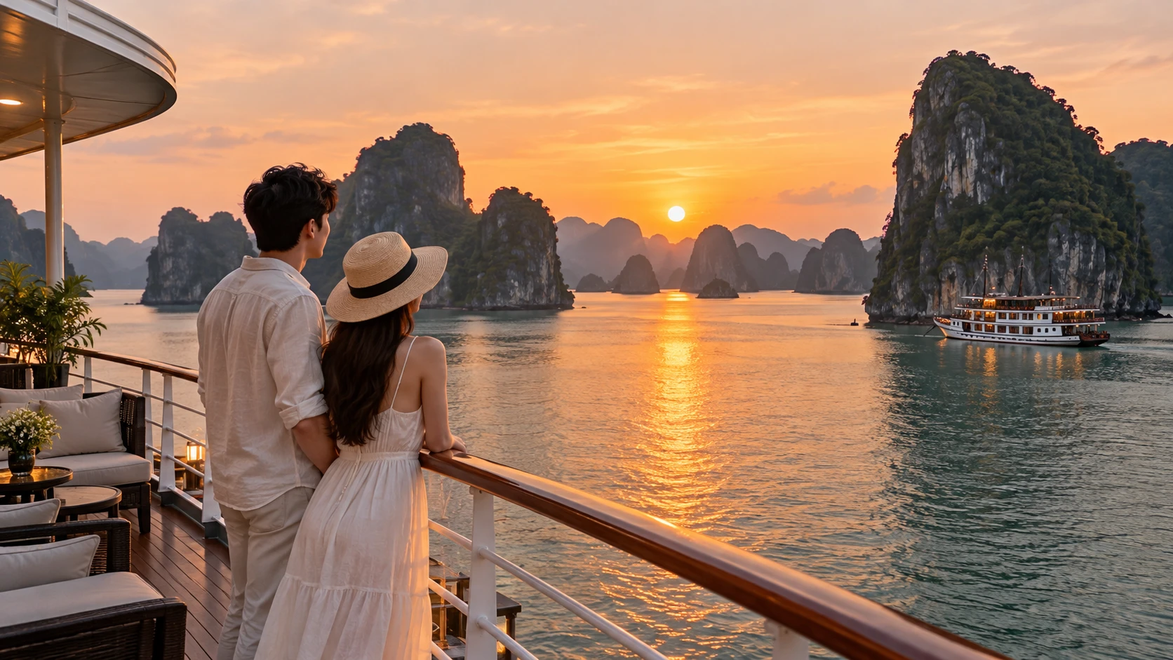 Cặp đôi ngắm hoàng hôn trên boong du thuyền giữa vịnh