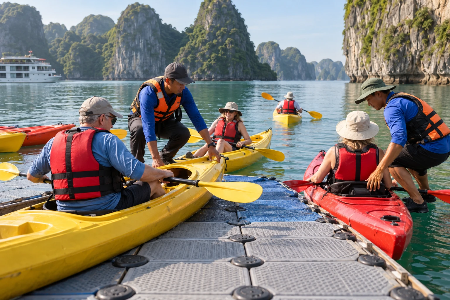 Nhân viên hỗ trợ khách xuống kayak từ sàn nổi