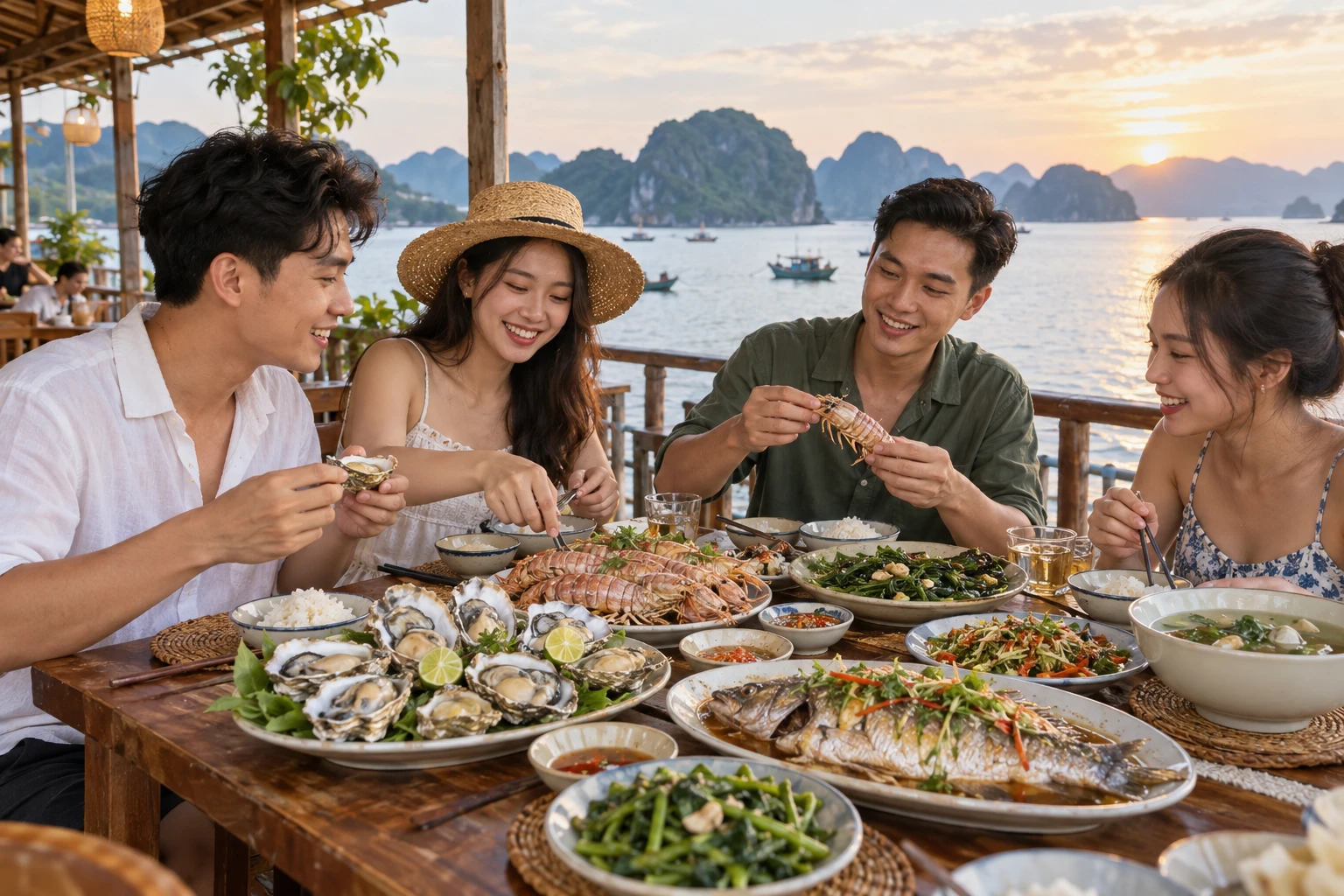 Nhóm bạn trẻ dùng bữa hải sản tại một nhà hàng ven vịnh