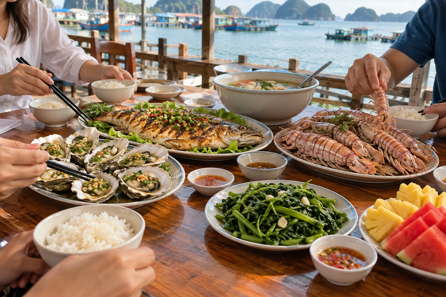 Bàn set hải sản sáu người gồm cá, bề bề, hàu, rau, canh và cơm