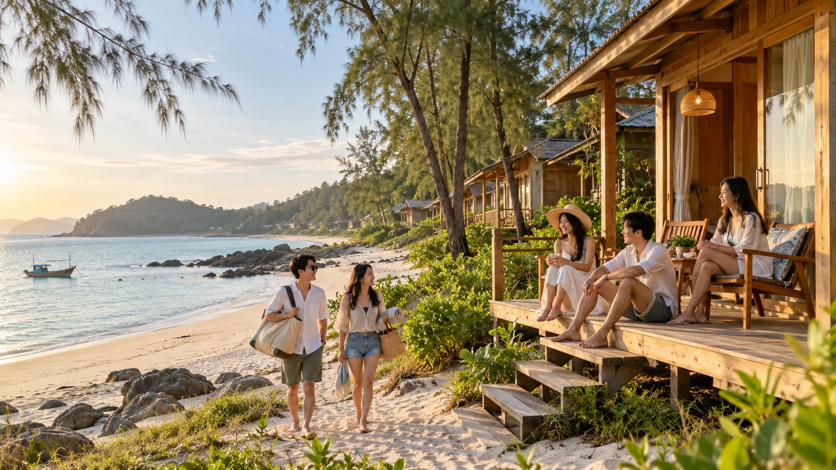 Dãy phòng homestay bằng gỗ nằm sau bãi biển yên tĩnh