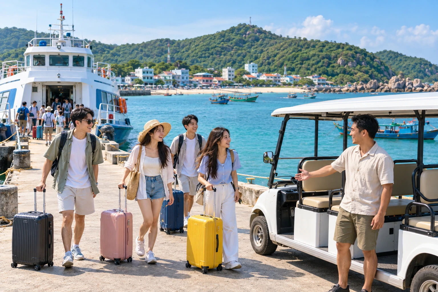 Nhóm bạn trẻ xuống tàu và gặp xe điện đón tại cảng đảo
