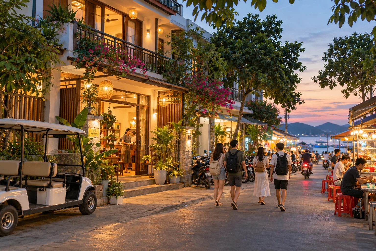 Homestay nhỏ trong khu phố đảo với hàng ăn và xe điện phía trước