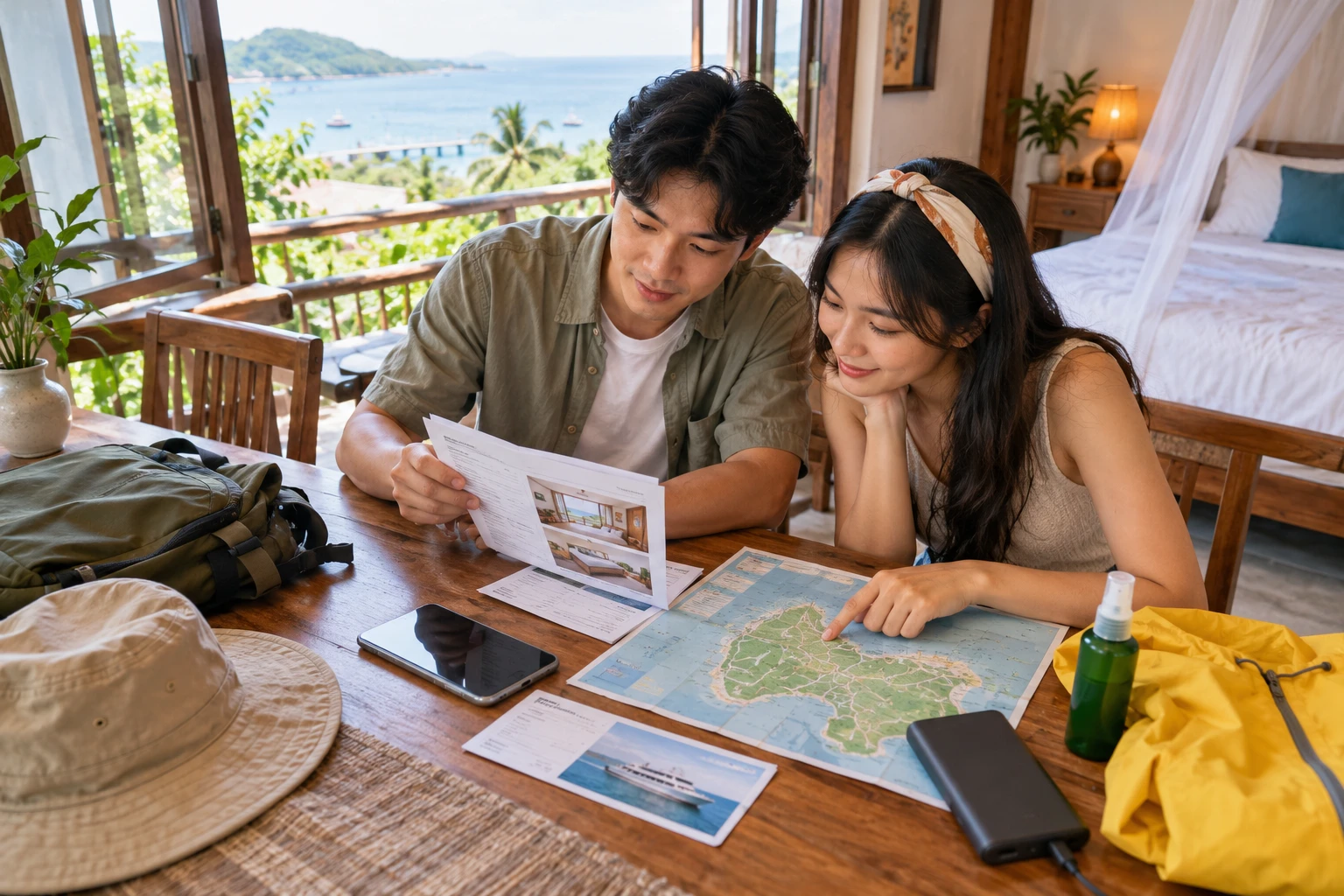 Cặp đôi xem xác nhận phòng, vé tàu và bản đồ đảo trước khi đặt cọc