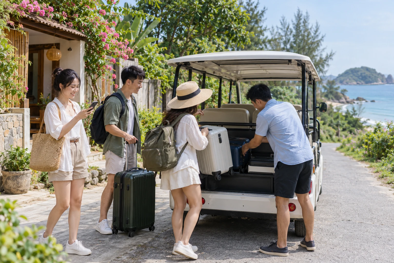 Du khách xếp vali lên xe điện trước một homestay trên đảo
