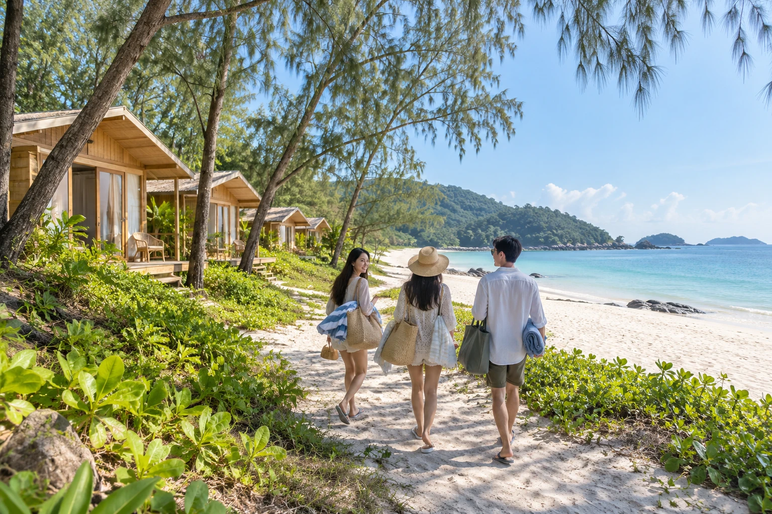 Dãy phòng homestay bằng gỗ nằm sau bãi cát trắng và rặng phi lao