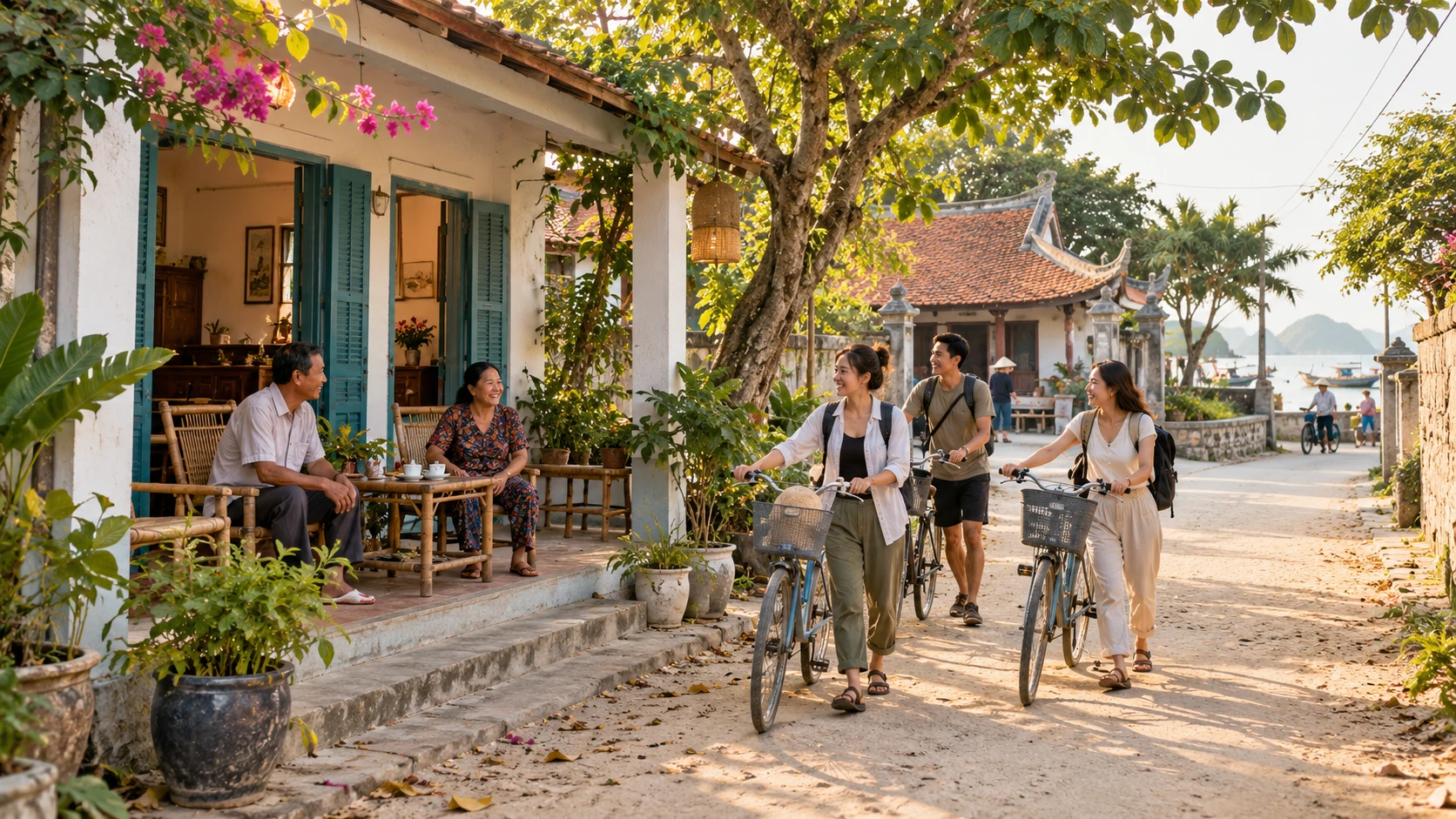 Homestay nhỏ trong làng đảo với khách trẻ đi xe đạp trên đường cát