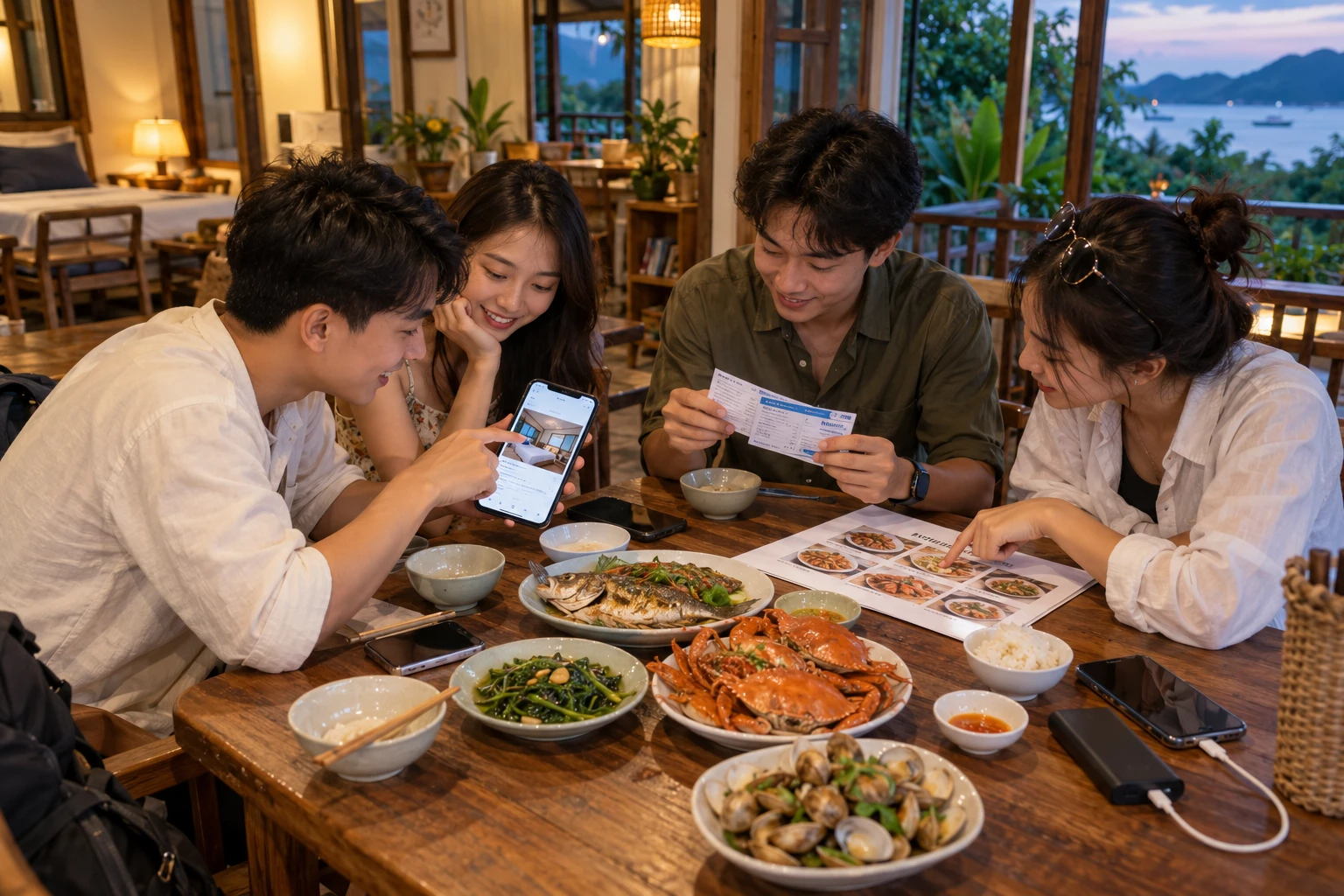 Nhóm bạn xem vé tàu và thông tin phòng bên bàn ăn hải sản tại homestay