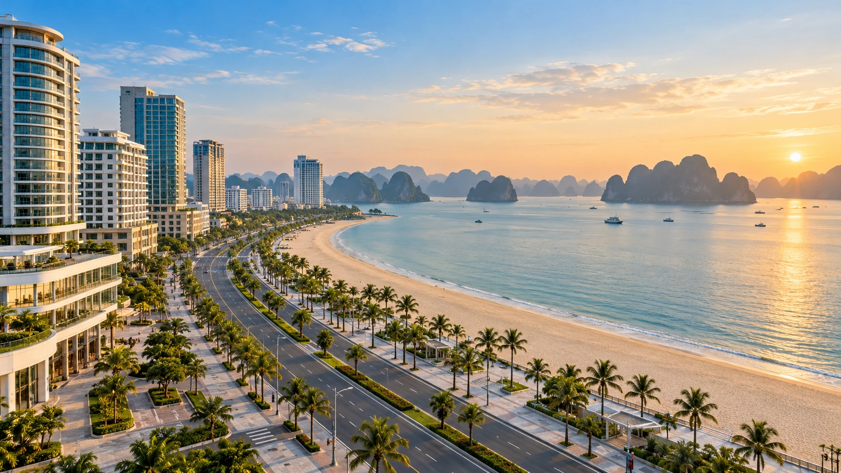 Minh họa khu khách sạn và đường ven biển Bãi Cháy nhìn ra vịnh Hạ Long