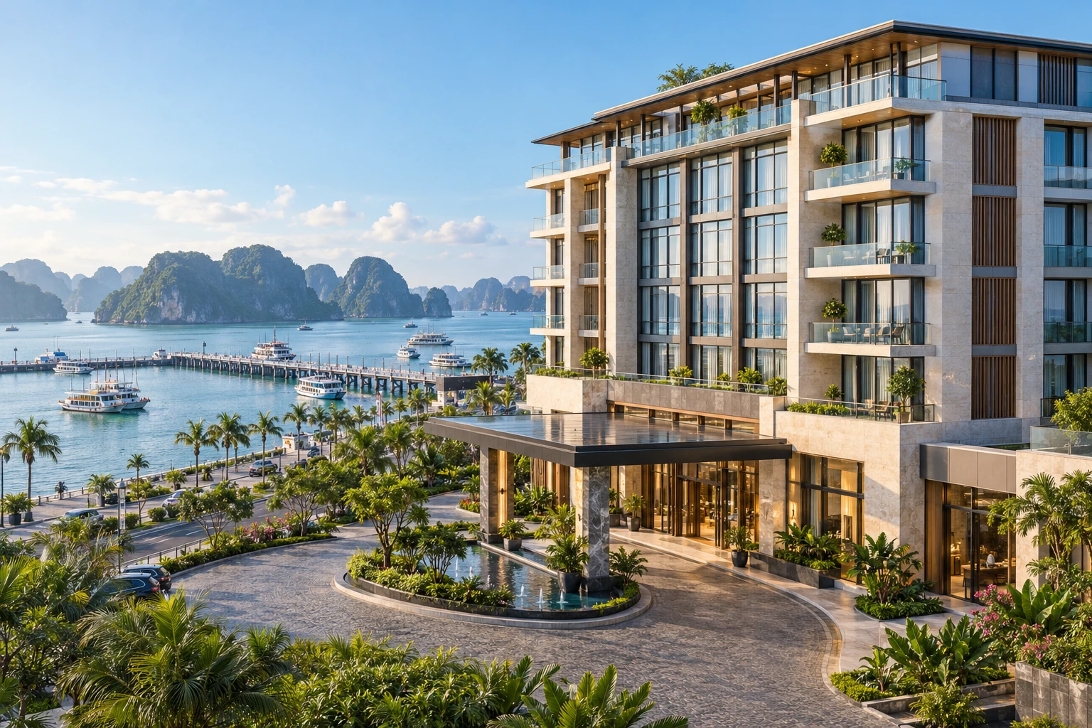 Ngoại thất khách sạn ven vịnh gần khu vực bến tàu du lịch