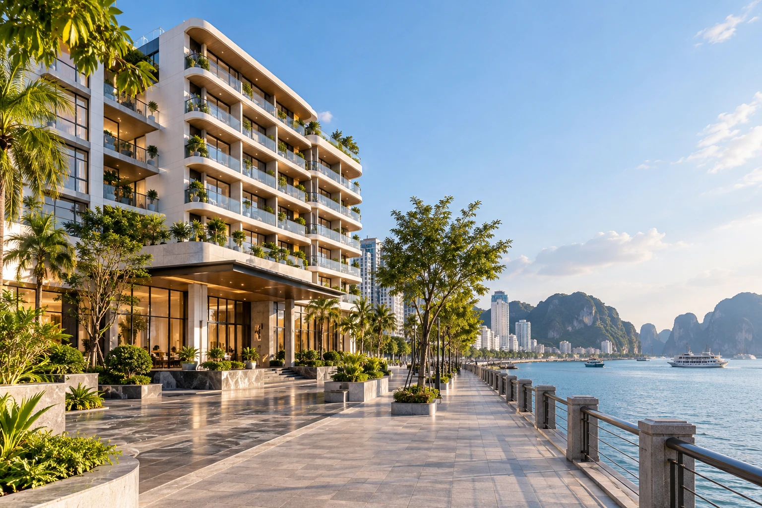 Ngoại thất khách sạn hiện đại cạnh đường đi bộ ven vịnh