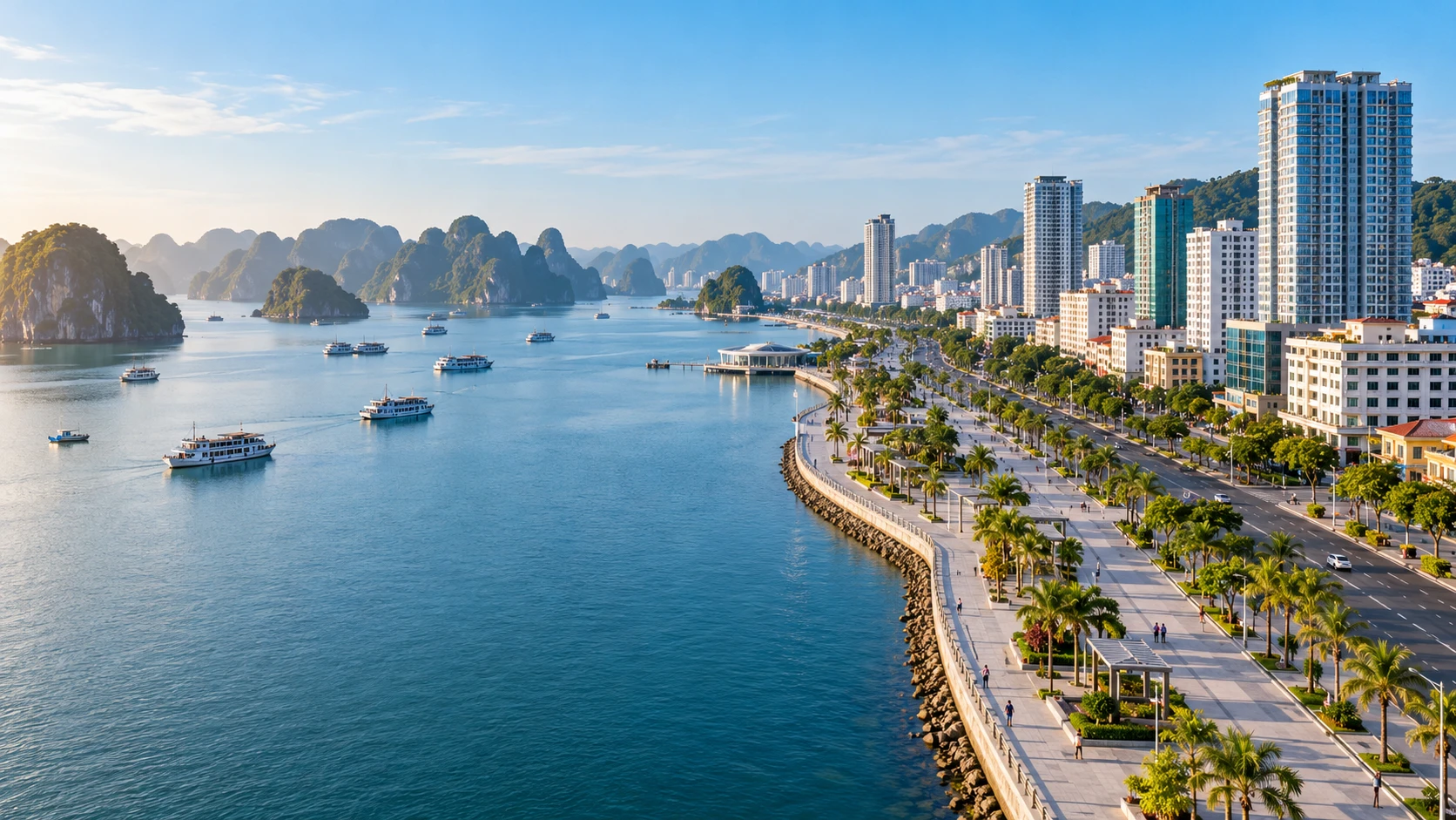 Toàn cảnh khu đô thị ven vịnh Hòn Gai với đường bao biển và các khách sạn