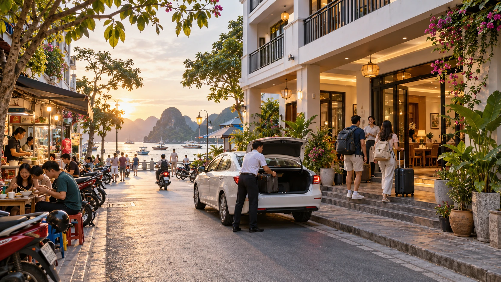 Khách sạn nhỏ trên phố ven biển với hàng quán và taxi đón khách