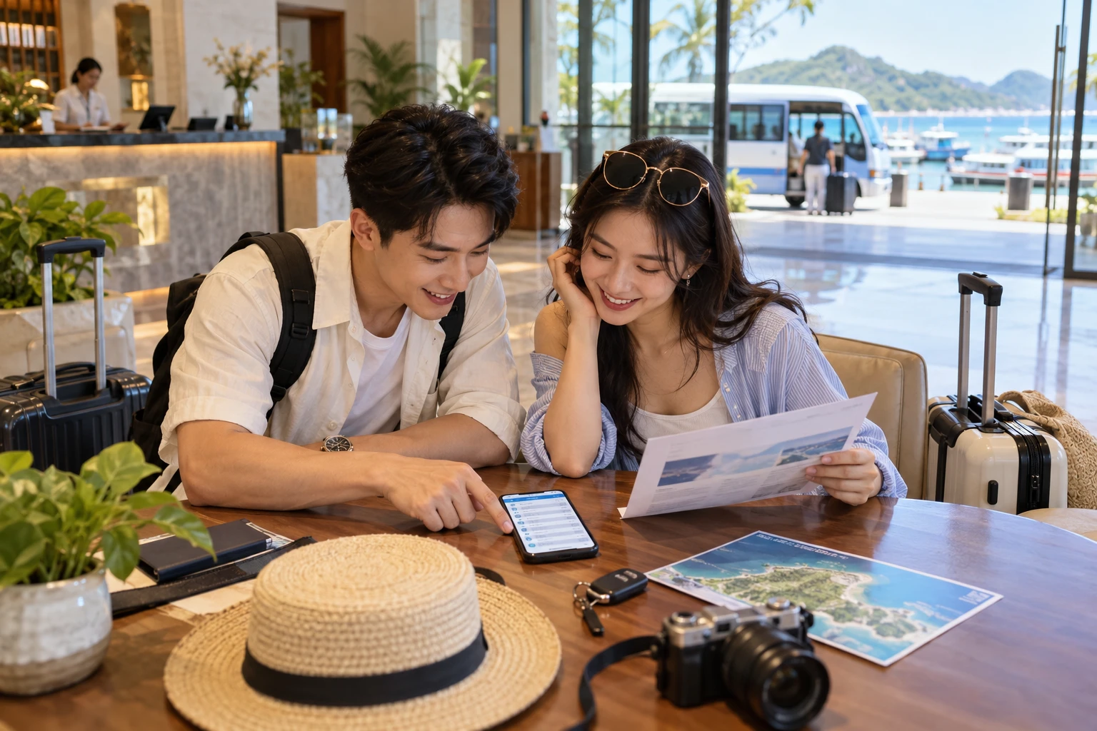 Nhóm khách trẻ xem lịch tàu và thông tin đặt phòng tại sảnh khách sạn