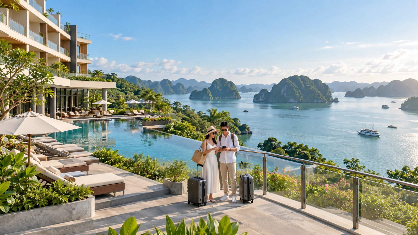Khách sạn nghỉ dưỡng ven vịnh có hồ bơi và du khách chuẩn bị ra cảng