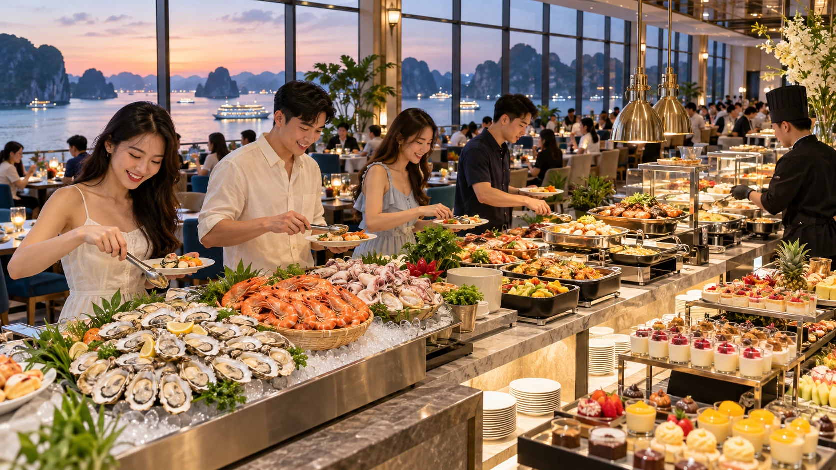 Thực khách trẻ chọn hải sản và món chín tại quầy buffet ven vịnh
