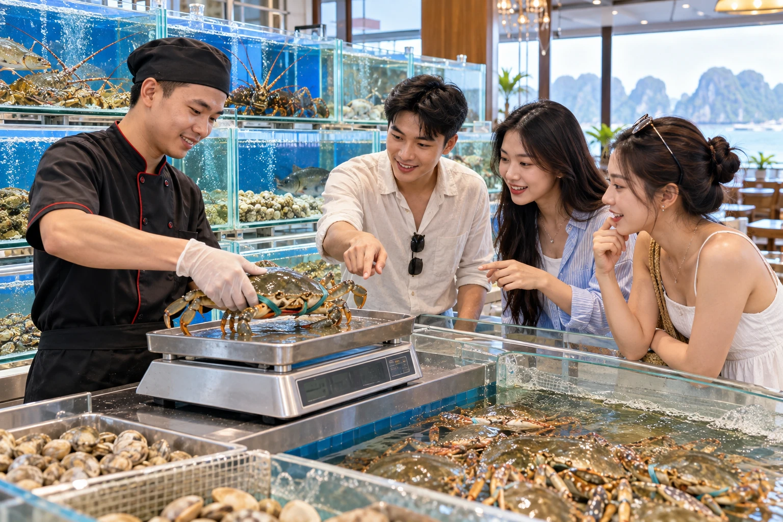 Nhân viên cân cua sống trước mặt nhóm thực khách tại quầy hải sản