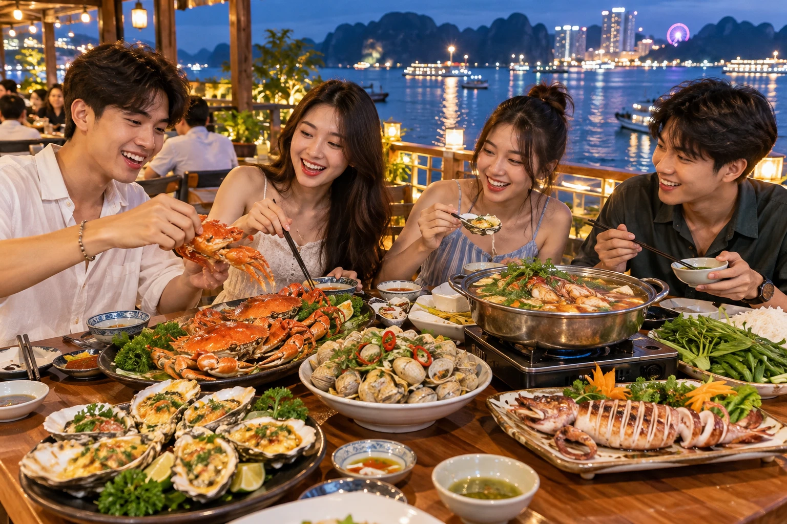 Nhóm bạn trẻ ăn hải sản tại nhà hàng ven vịnh vào buổi tối