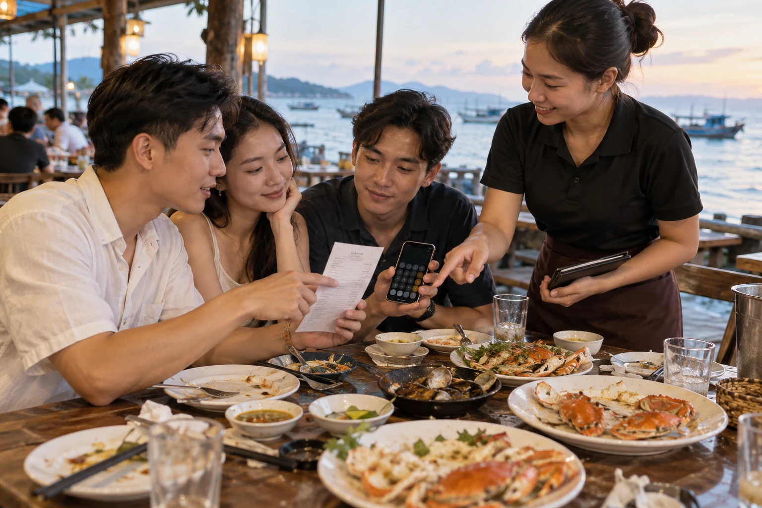 Nhóm khách và nhân viên cùng xem hóa đơn sau bữa hải sản
