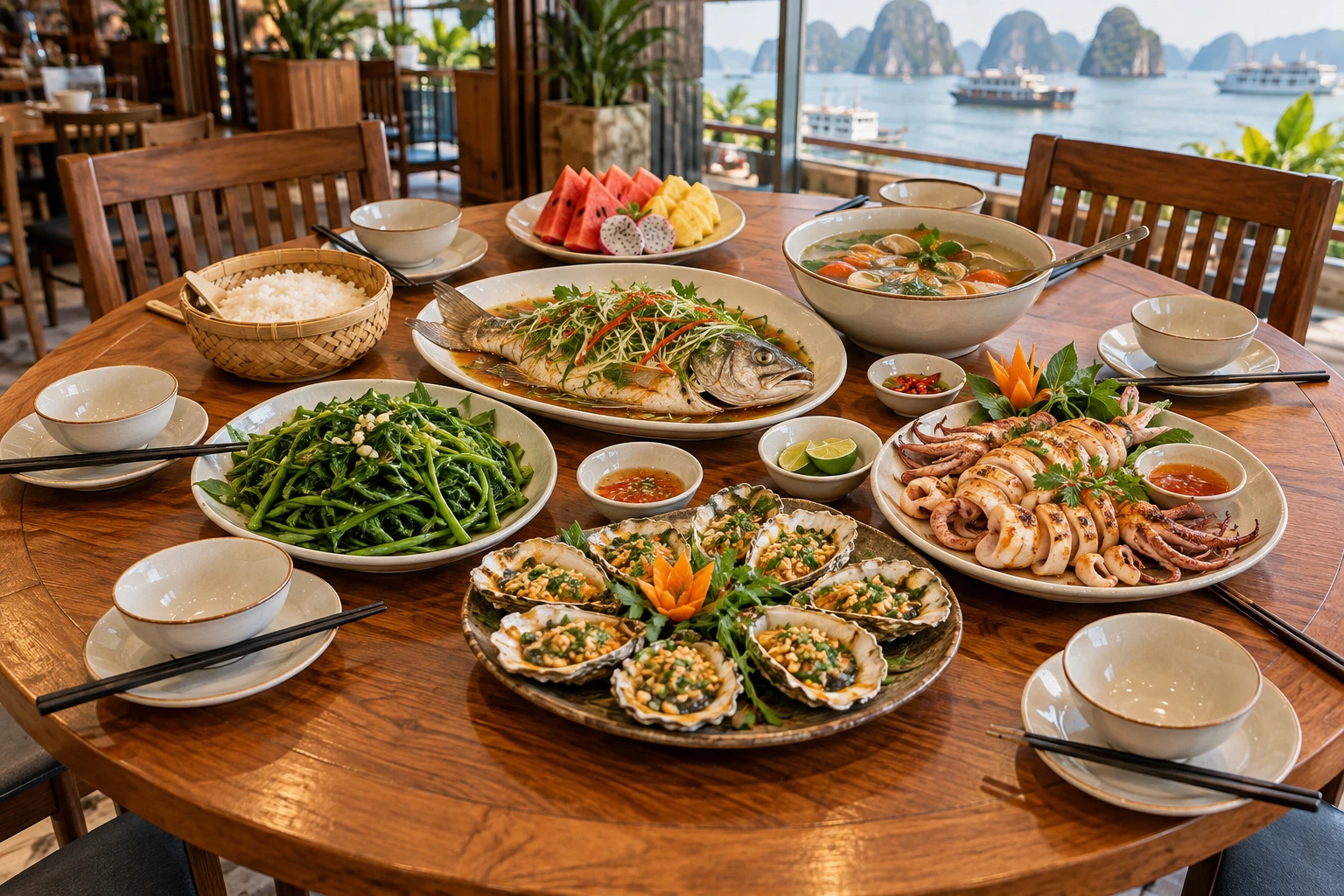 Bàn set hải sản gồm cá, mực, hàu, rau, canh, cơm và trái cây