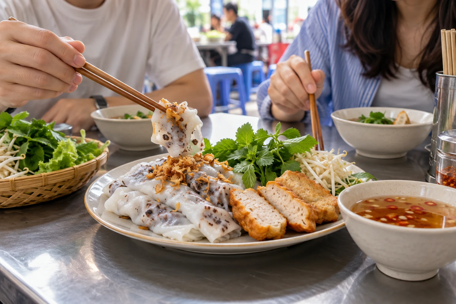 Bánh cuốn ăn cùng chả mực và nước chấm tại một quán sáng bình dân