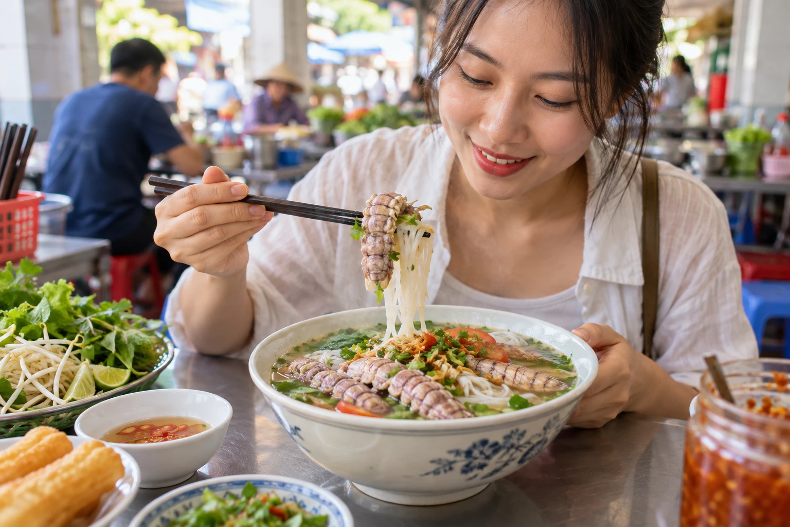 Bát bún bề bề nóng tại một quán nhỏ gần chợ ở Hòn Gai