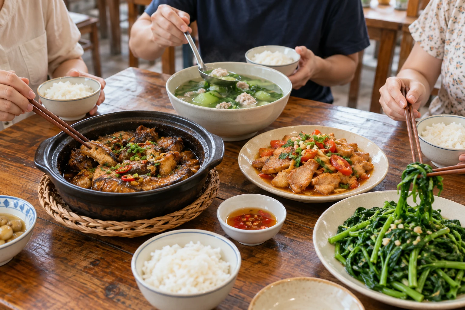 Mâm cơm nhà gồm cá kho, rau, canh và cơm cho nhóm ba người