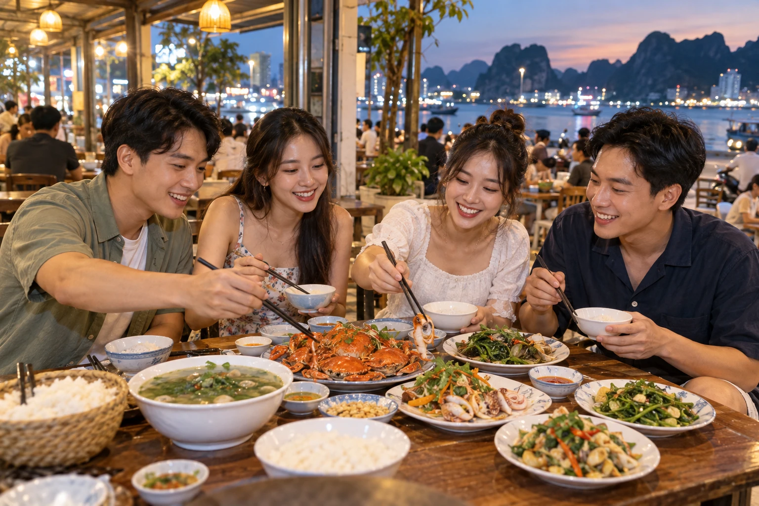 Nhóm bạn trẻ chọn món tại một quán ăn bình dân ở Hòn Gai vào buổi tối