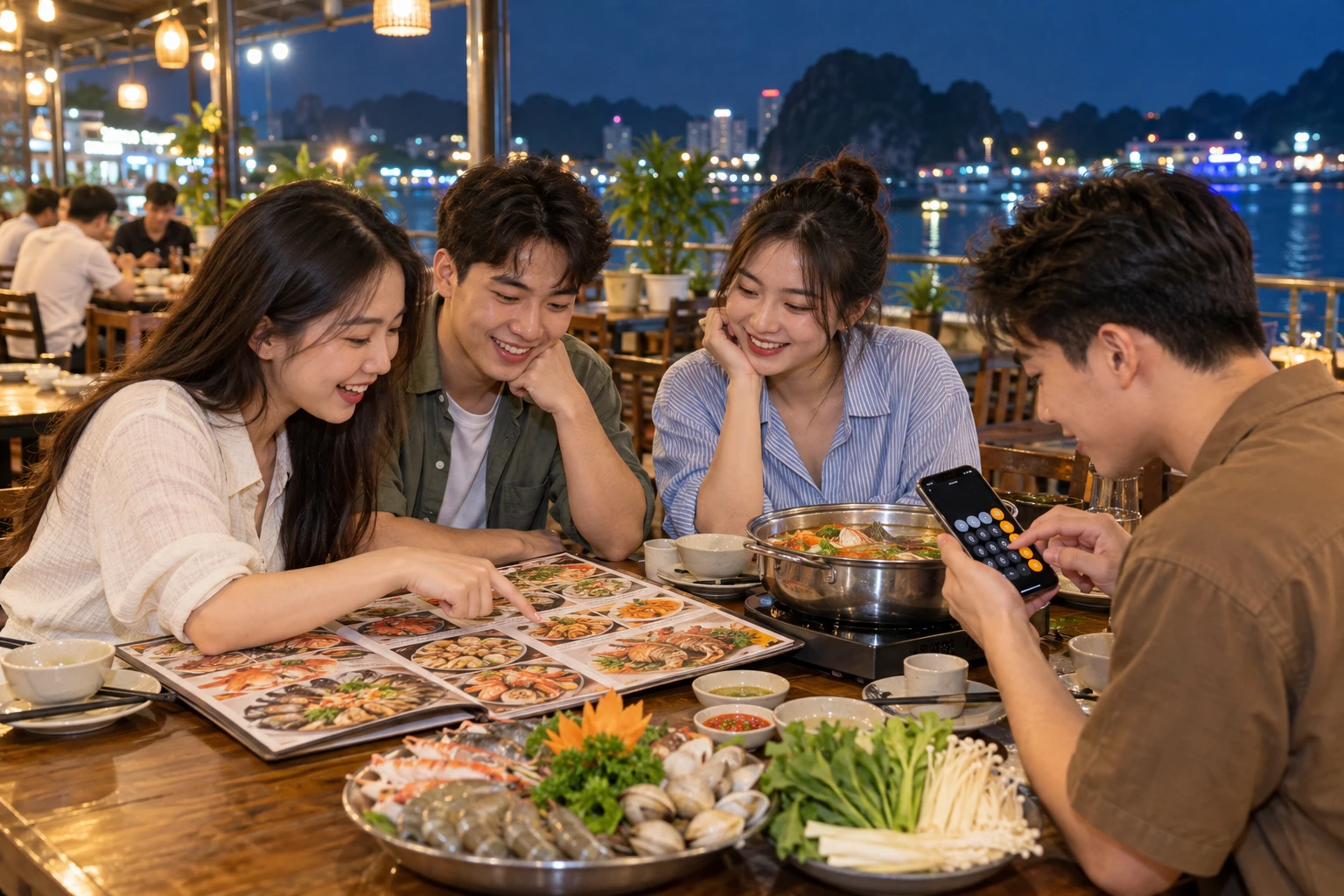 Nhóm bạn xem menu và tính ngân sách trước khi gọi món buổi tối