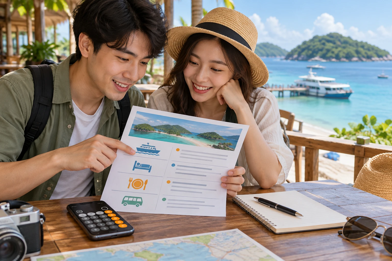 Cặp đôi xem phiếu tour gồm tàu, phòng, bữa ăn và xe