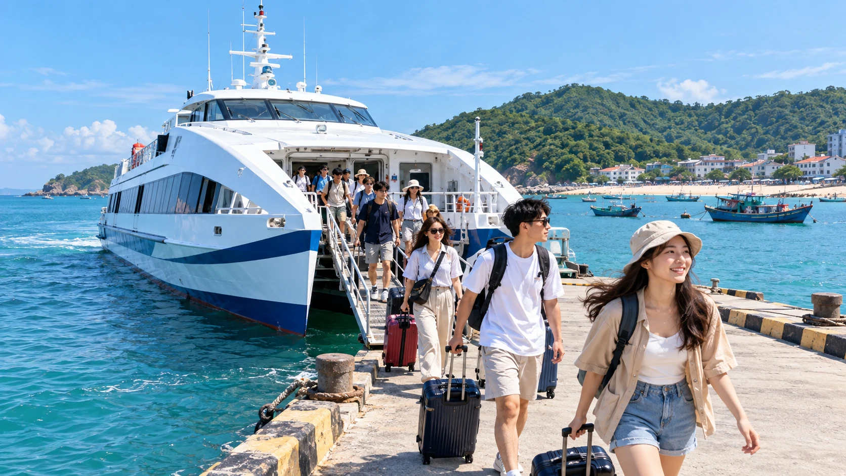 Khách trẻ kéo hành lý rời tàu cao tốc tại bến đảo