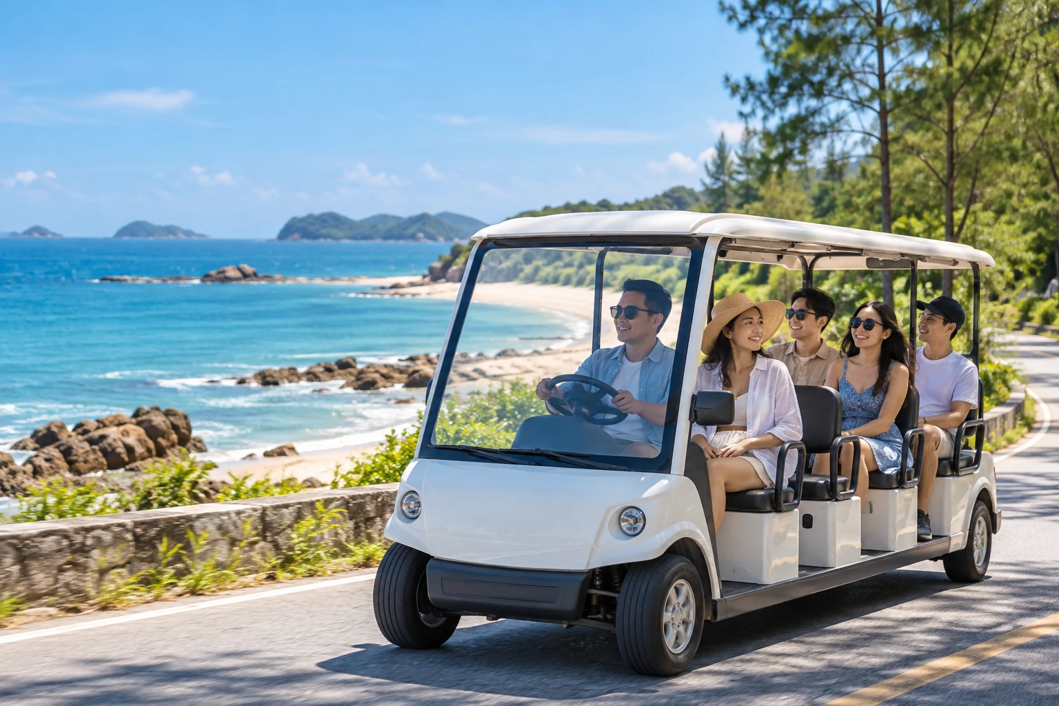 Nhóm khách ngồi xe điện chạy trên đường ven biển đảo