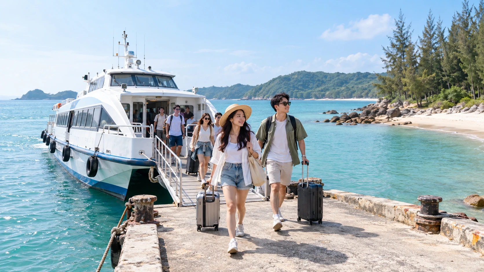 Khách trẻ rời tàu cao tốc tại một bến đảo gần bãi cát