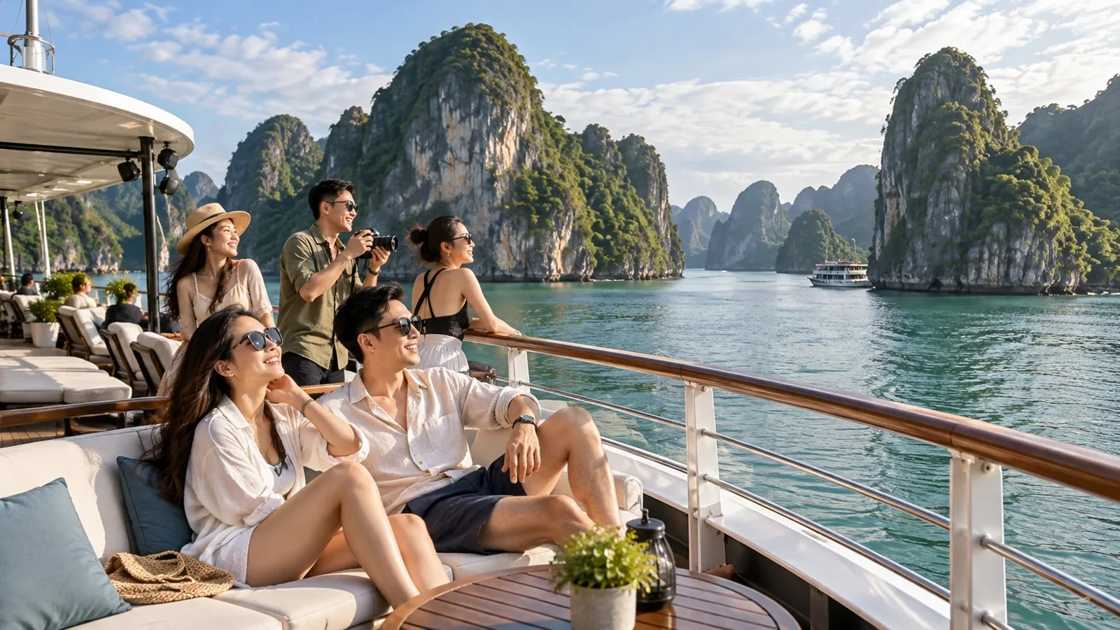 Nhóm bạn trẻ ngắm vịnh Hạ Long từ boong tàu