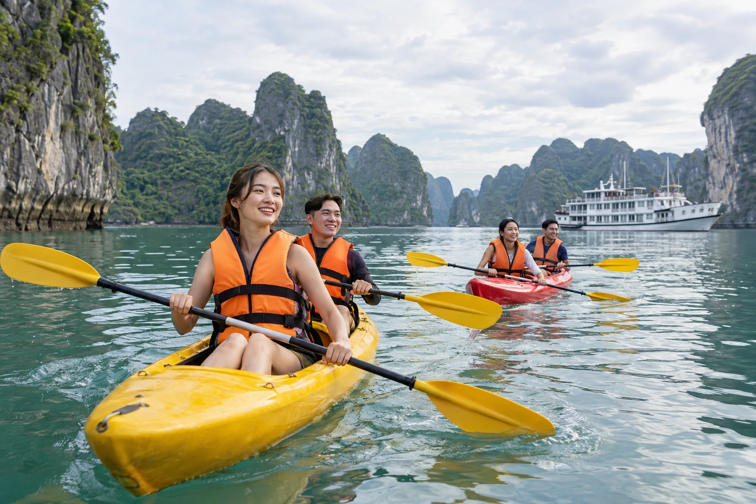 Hai nhóm khách chèo kayak giữa núi đá vôi trên vịnh