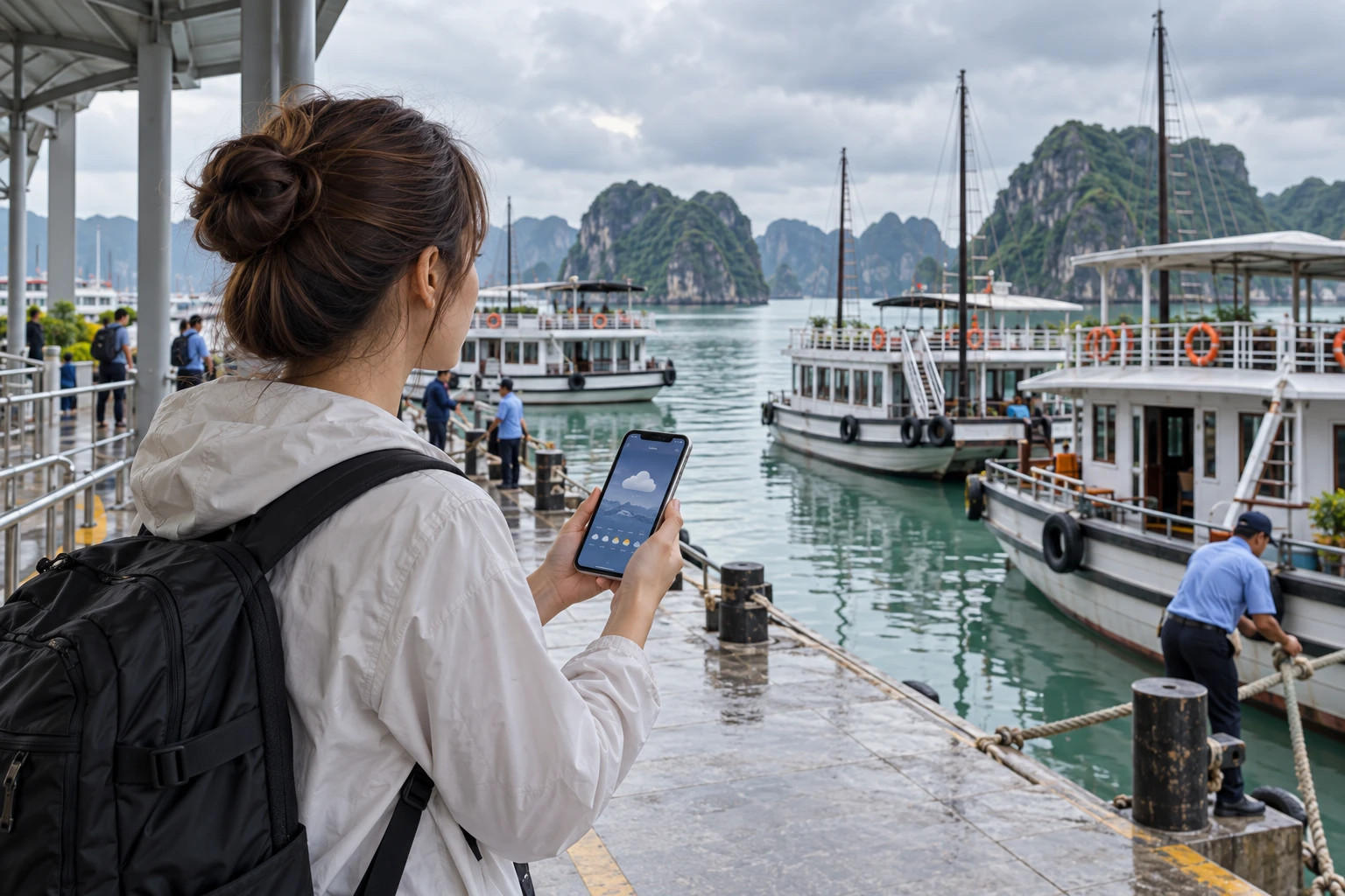 Khách kiểm tra thời tiết tại cầu cảng có tàu đang neo