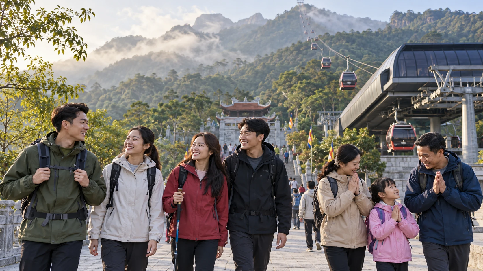 Nhóm bạn và gia đình chuẩn bị đi cáp treo tại khu núi Yên Tử