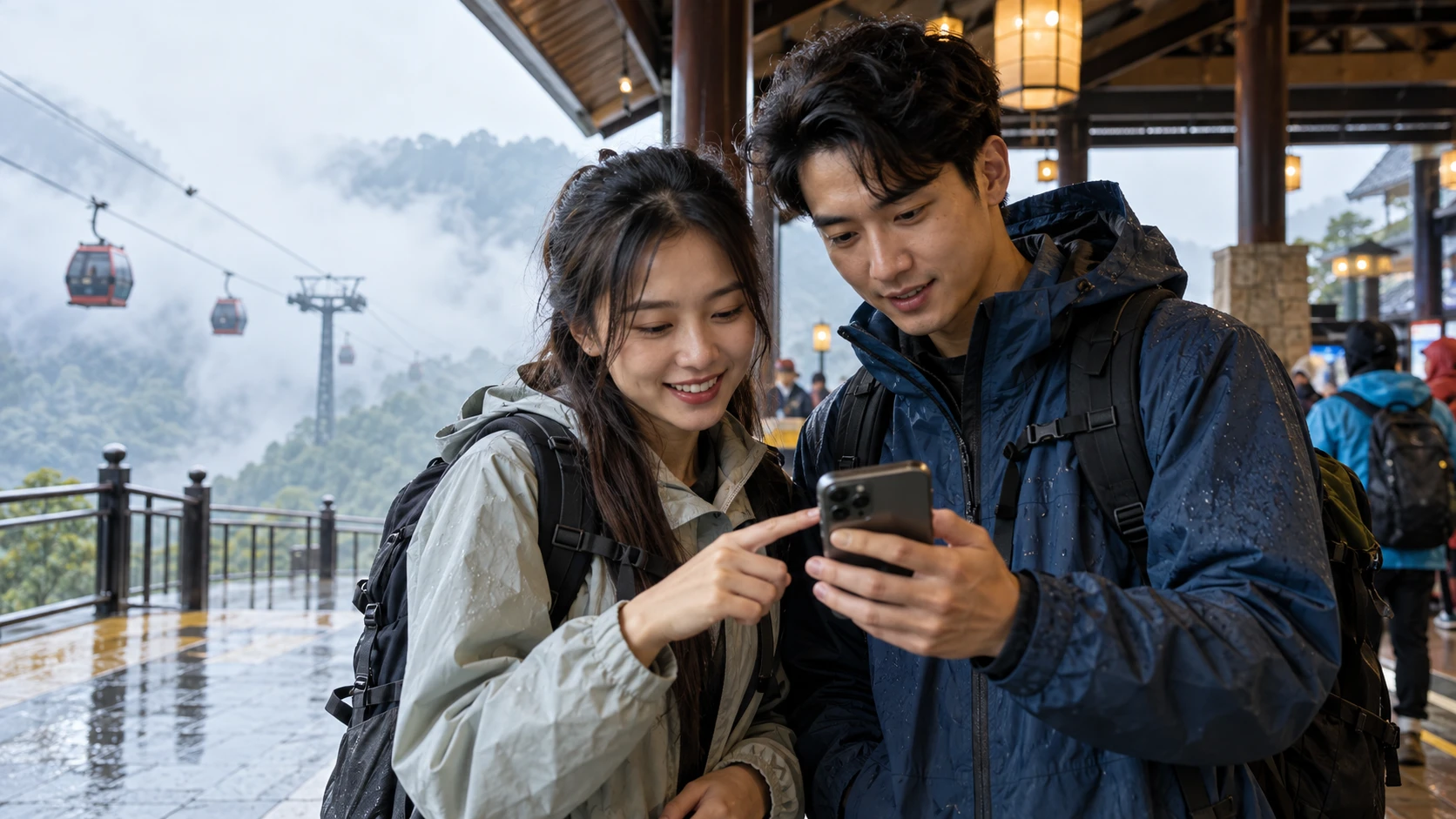 Hai du khách kiểm tra vé điện tử và thời tiết tại ga cáp treo trong ngày mưa nhẹ