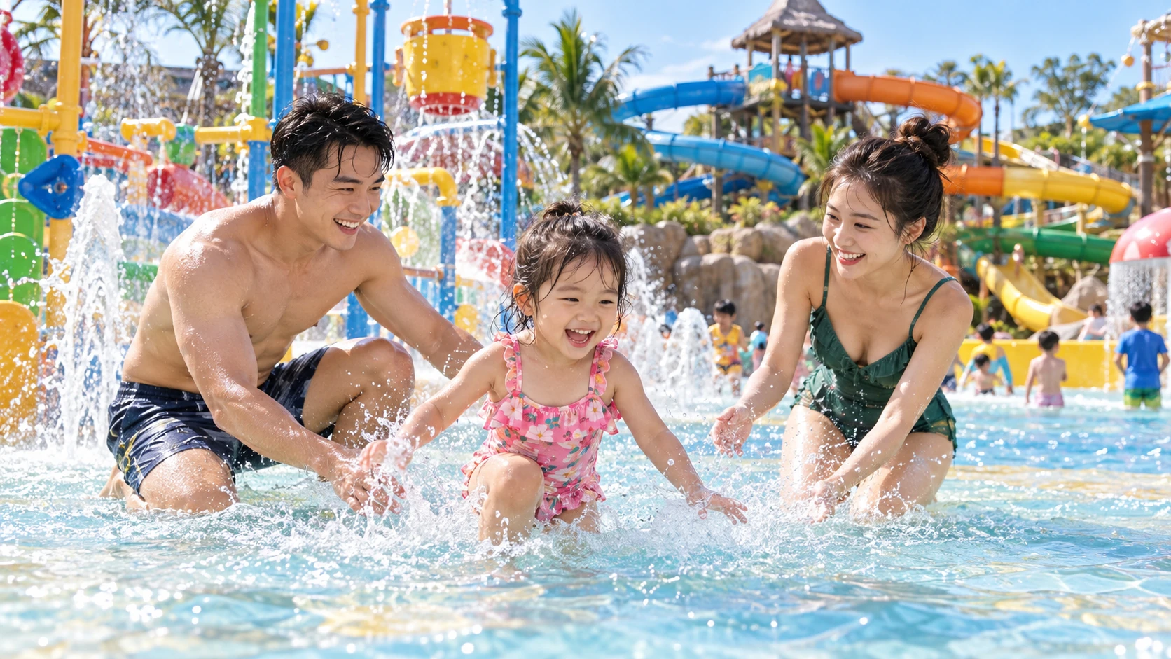 Gia đình có trẻ nhỏ vui chơi tại khu nước ngoài trời