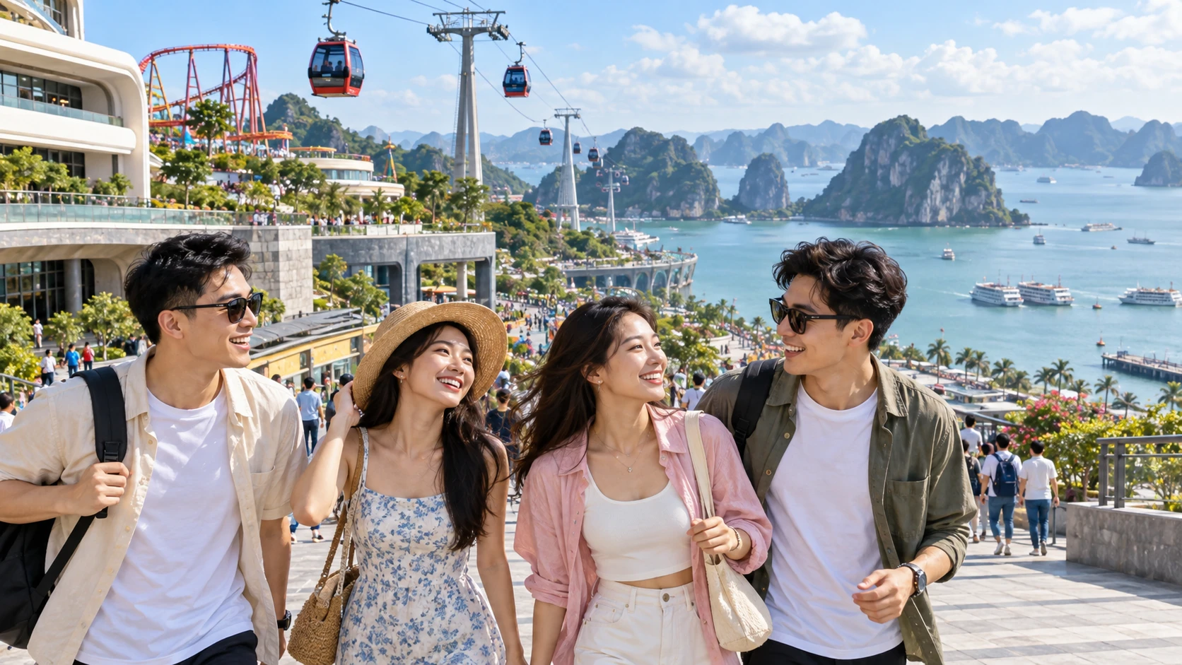 Nhóm bạn trẻ vui vẻ tại một tổ hợp vui chơi ven vịnh Hạ Long